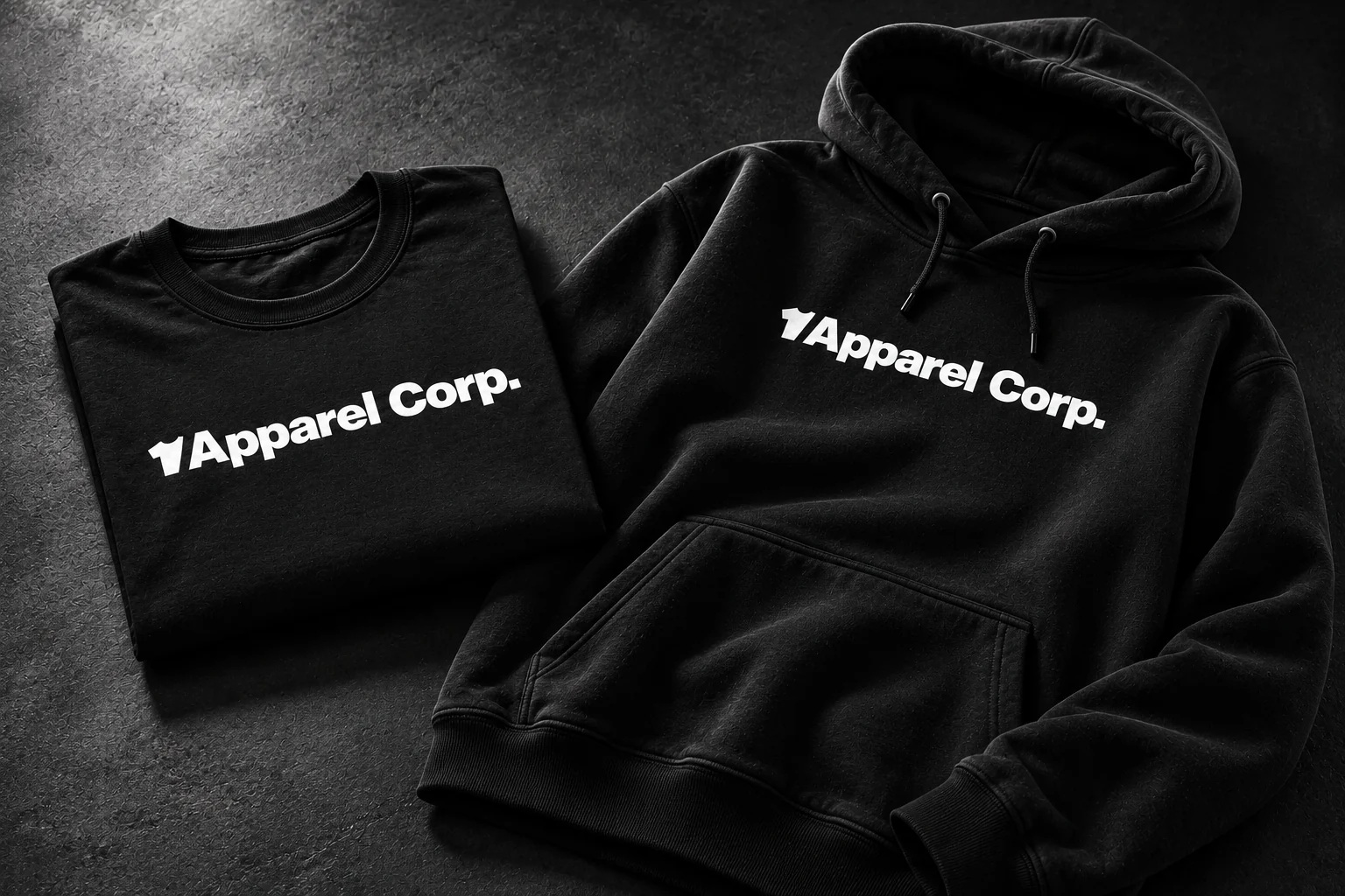 Černé tričko a mikina s bílým logem Apparel Corp.