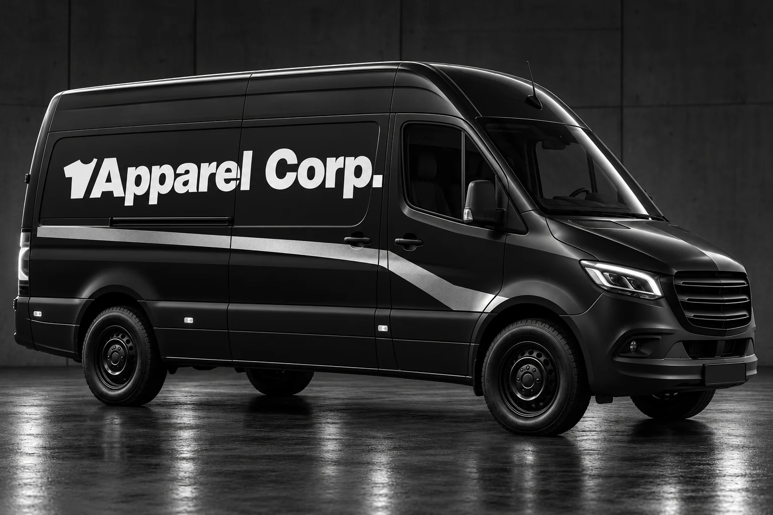 Polepy Černá dodávka s bílým logem Apparel Corp. a stříbrným polepem